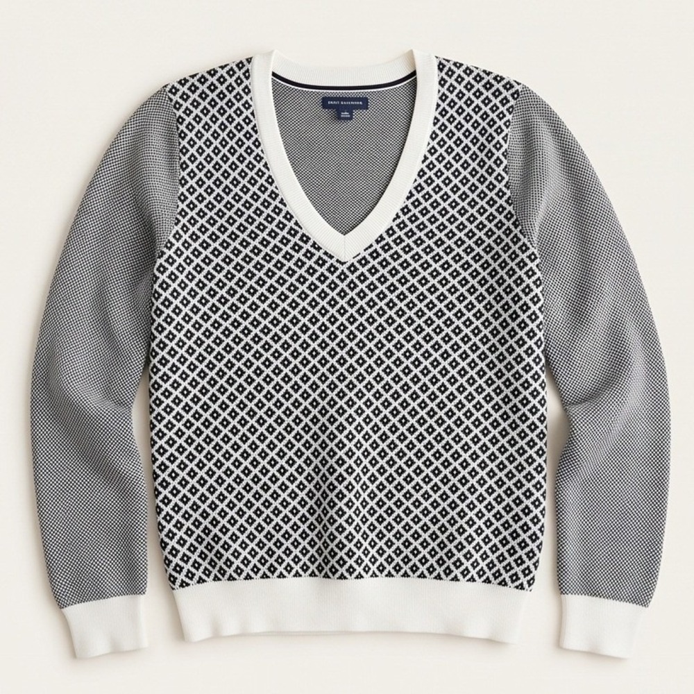 Tommy Hilfiger Womens L Metallic Diamond Knit V-Neck Sweater Black White NEW
